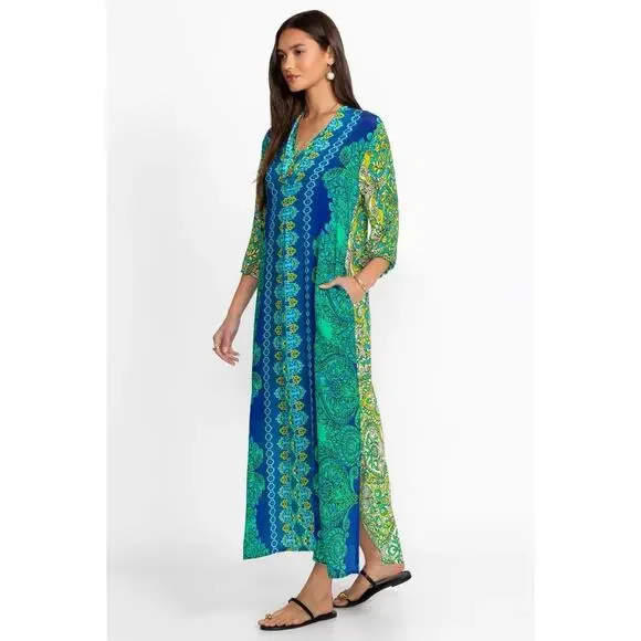 Johnny Was 100% Silk Kahinu Kaftan Boho Arstsy Maxi Dress Blue Green S NWT - Picture 3 of 10